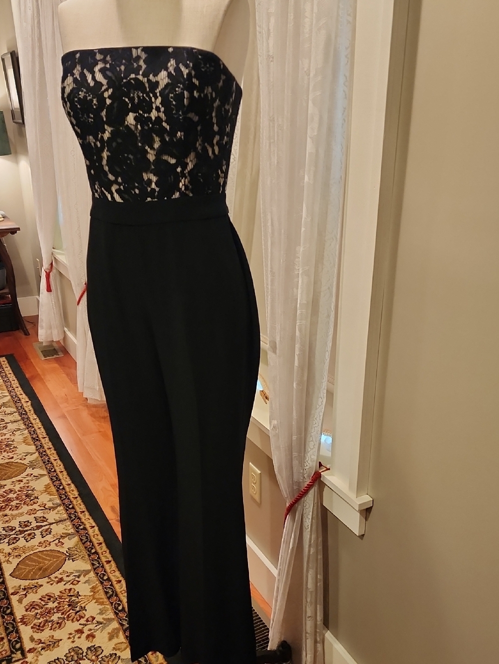 White House Black Market Black Strapless Lace Bodice Jumpsuit